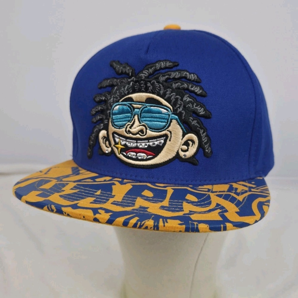 Top Level Happy Snapback Hat Blue Yellow Sparkly Grill Hip Hop Baseball Cap NWT